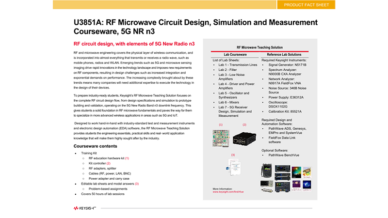 U3851A RF Microwave Circuit Design Simulation and Measurement Courseware 5G NR Band 